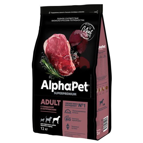 AlphaPet Superpremium / Сухой полнорационный корм с говядиной и потрошками для взрослых собак крупных пород