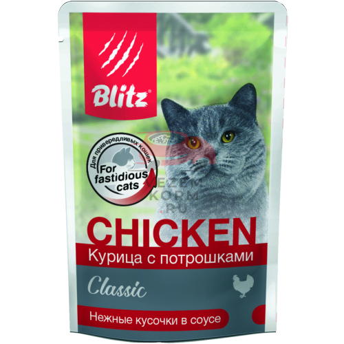 Blitz:  (Блиц) влажный корм для взрослых кошек «Курица с потрошками» — нежные кусочки в соусе