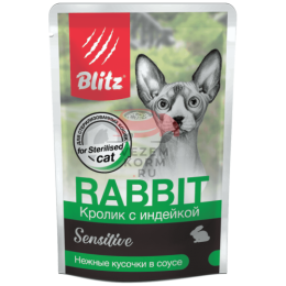 Blitz Sensitive «Кролик с индейкой» нежные кусочки в соусе — влажный корм для стерилизованных кошек