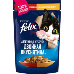 Felix (Феликс) Аппетитные кусочки. Двойная вкуснятина в желе с говядиной и домашней птицей