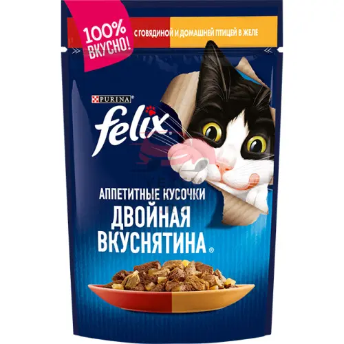 Felix (Феликс) Аппетитные кусочки. Двойная вкуснятина в желе с говядиной и домашней птицей