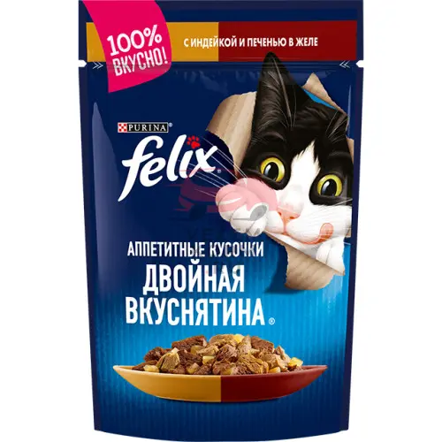 Felix (Феликс) Аппетитные кусочки. Двойная вкуснятина в желе с индейкой и печенью