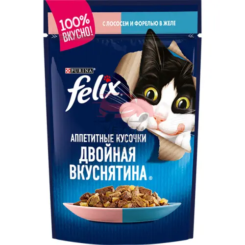 Felix (Феликс) Аппетитные кусочки. Двойная вкуснятина в желе с лососем и форелью