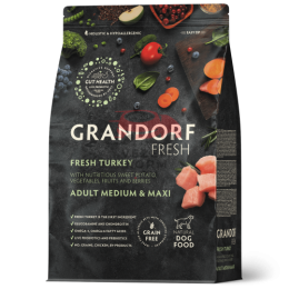 Grandorf FRESH - БЕЗЗЕРНОВОЙ СВЕЖЕЕ МЯСО ИНДЕЙКИ С БАТАТОМ ДЛЯ СОБАК СРЕДНИХ И КРУПНЫХ ПОРОД