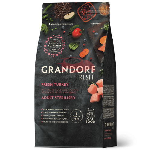 Grandorf FRESH - БЕЗЗЕРНОВОЙ СВЕЖЕЕ МЯСО ИНДЕЙКИ С БАТАТОМ ДЛЯ СТЕРИЛИЗОВАННЫХ ИЛИ ПОЖИЛЫХ КОШЕК
