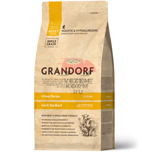 Grandorf (Грандорф) 4 ВИДА МЯСА ДЛЯ СТЕРИЛИЗОВАННЫХ КОШЕК И КАСТРИРОВАННЫХ КОТОВ