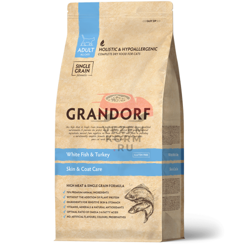 Grandorf (Грандорф) БЕЛАЯ РЫБА С ИНДЕЙКОЙ ДЛЯ ВЗРОСЛЫХ КОШЕК С ЧУВСТВИТЕЛЬНОЙ КОЖЕЙ И ШЕРСТЬЮ
