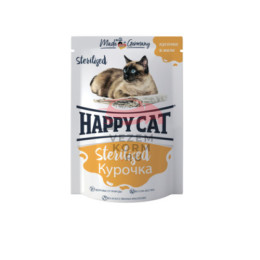 Happy cat паучи для стерилизованных кошек курочка, кусочки в желе