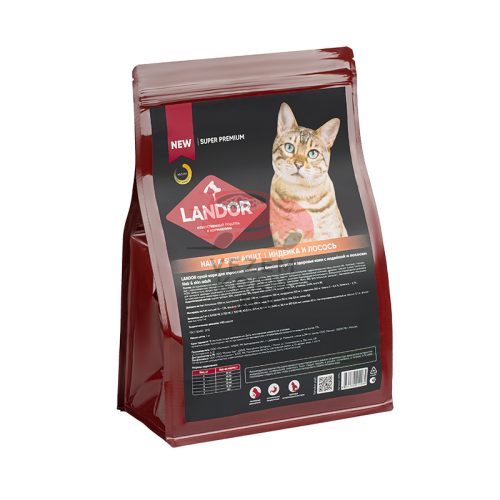 Landor (Ландор) HAIR & SKIN ADULT Полнорационный сухой корм для взрослых кошек для блеска шерсти и здоровья кожи с индейкой и лососем