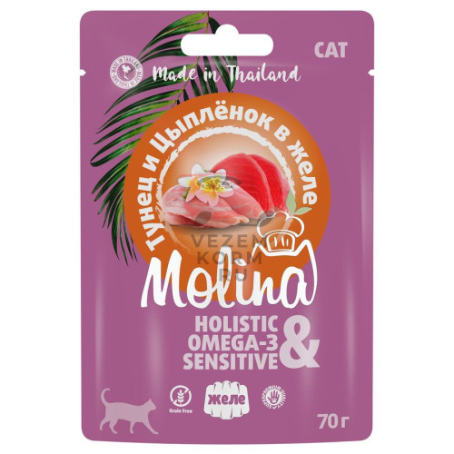 Molina влажный корм для кошек, с тунцом и цыпленком, кусочки в желе