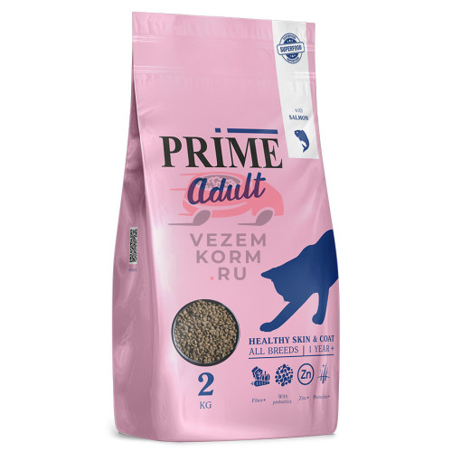 Prime Healthy Skin & Coat сухой корм, для кошек, для кожи и шерсти, низкозерновой, с лососем