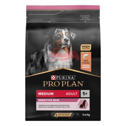 Pro Plan для взрослых собак средних пород с чувствительной кожей, с высоким содержанием лосося