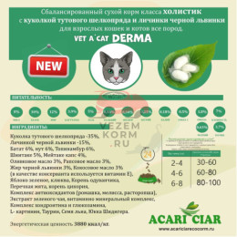 Vet A’CAT Derma сухой корм класса холистик с куколкой тутового шелкопряда и личинками черной львинки для взрослых кошек и котов при заболевании 