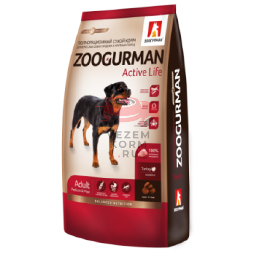 Zoogurman Active Life с индейкой для активных собак средних и крупных пород